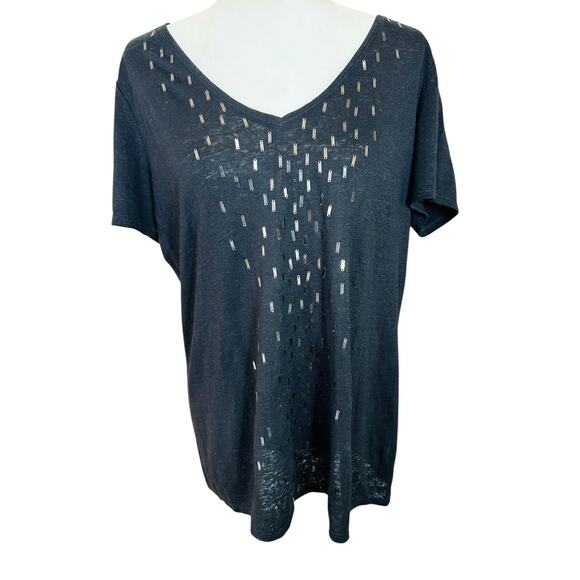 Eileen Fisher Linen V Neck Top Womens Large Black Beaded Goth Quiet Luxury Chic - Picture 15 of 15